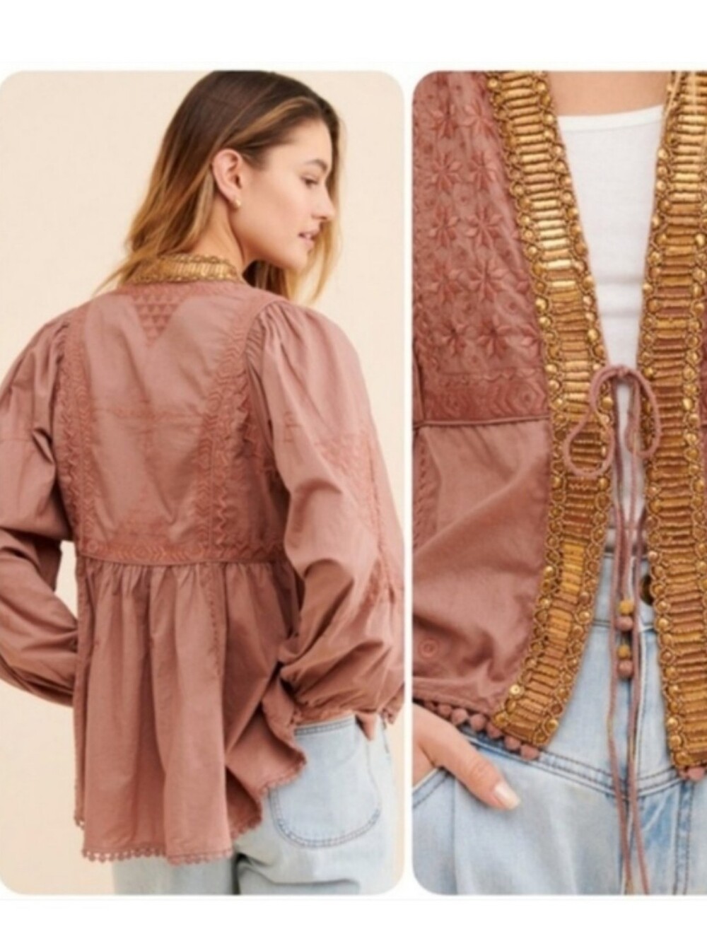 Free People Jasmine Rose Pink Embroidered Short Duster Jacket with Gold Trim